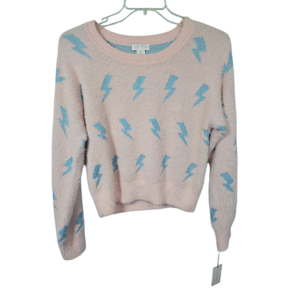Ruby Moon Sweater Lightning Bolt Fuzzy Eyelash Knit Pink Blue Womens Size S